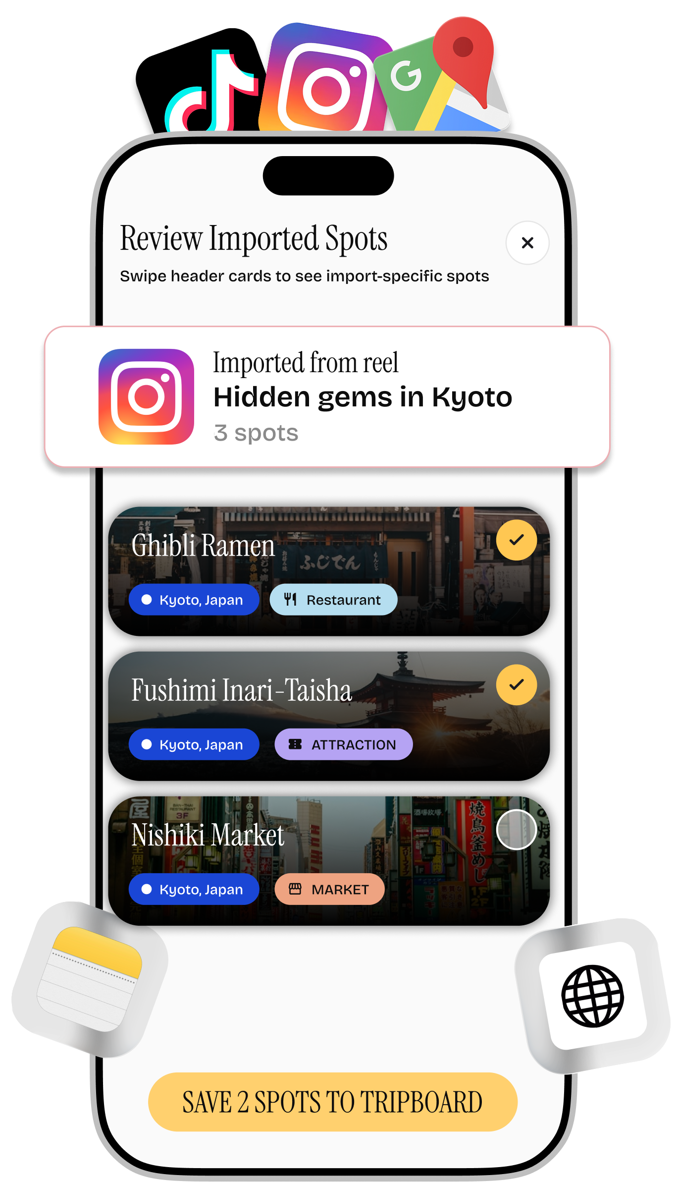 Batootah importing saved spots from an Instagram reel into a trip board
